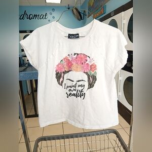 Frida Kahlo Floral Graphic Tee - White with Pink & Green Flowers
